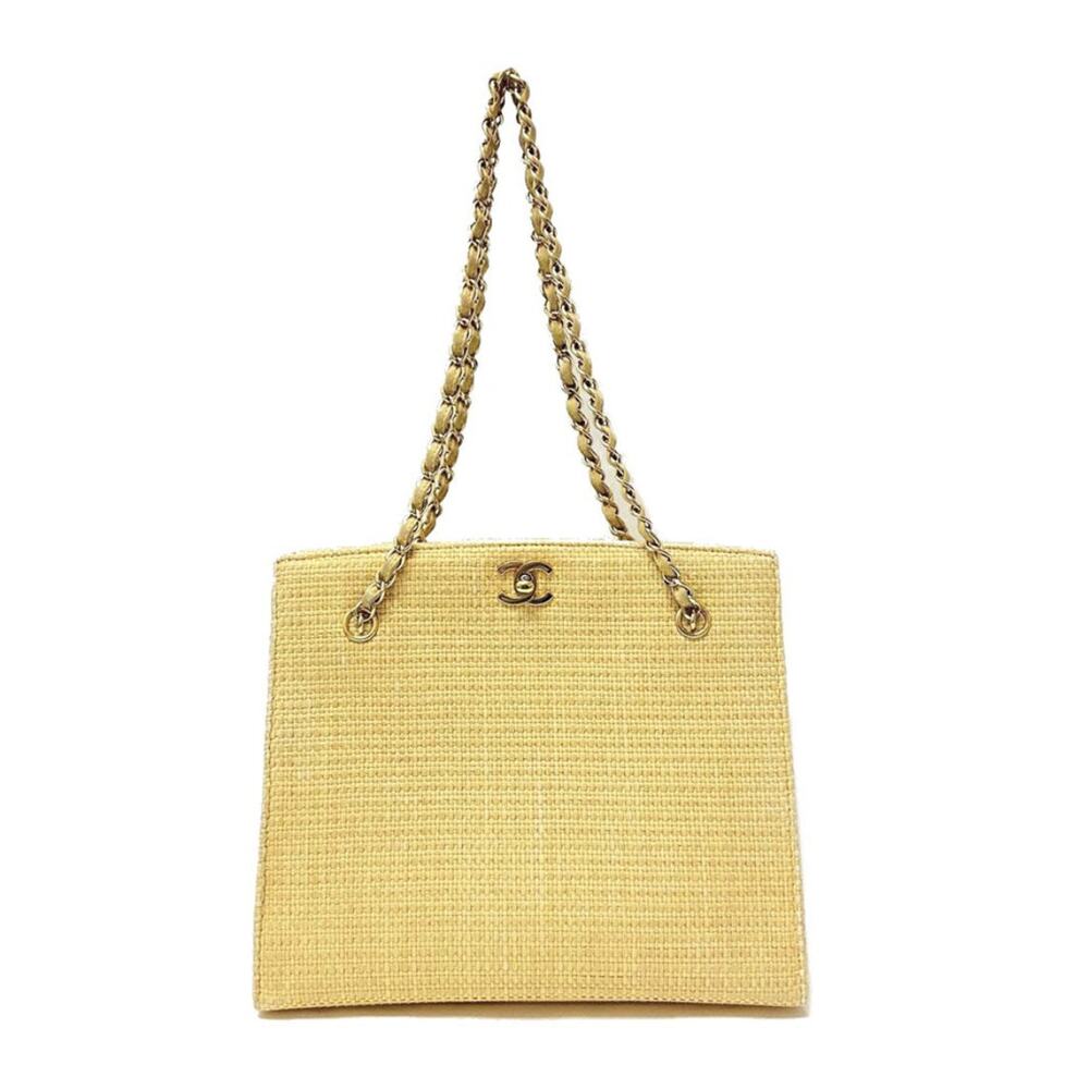 Vintage Chanel 90s CC Logo Chain Shoulder Bag Cream Gold Straw